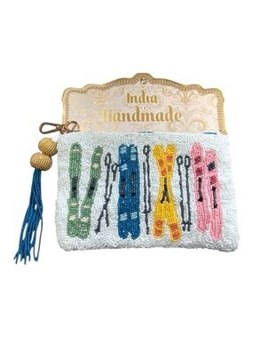 Handmade Beaded Ski Travel Pouch Makeup Bag Tassel NWT Winter Snow Bag